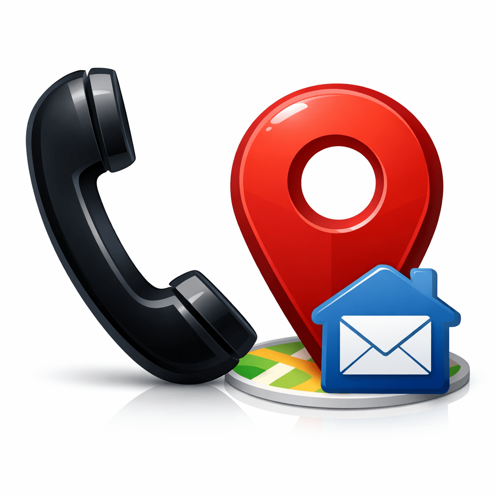 Phone handset, red location marker, and blue house with envelope icon